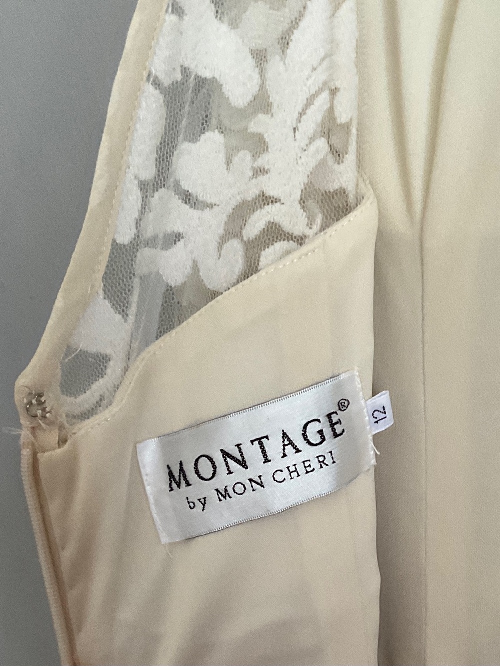 Montage by Mon Cheri Ivory Lace Maxi Dress with Champagne Sash - Picture 9 of 16